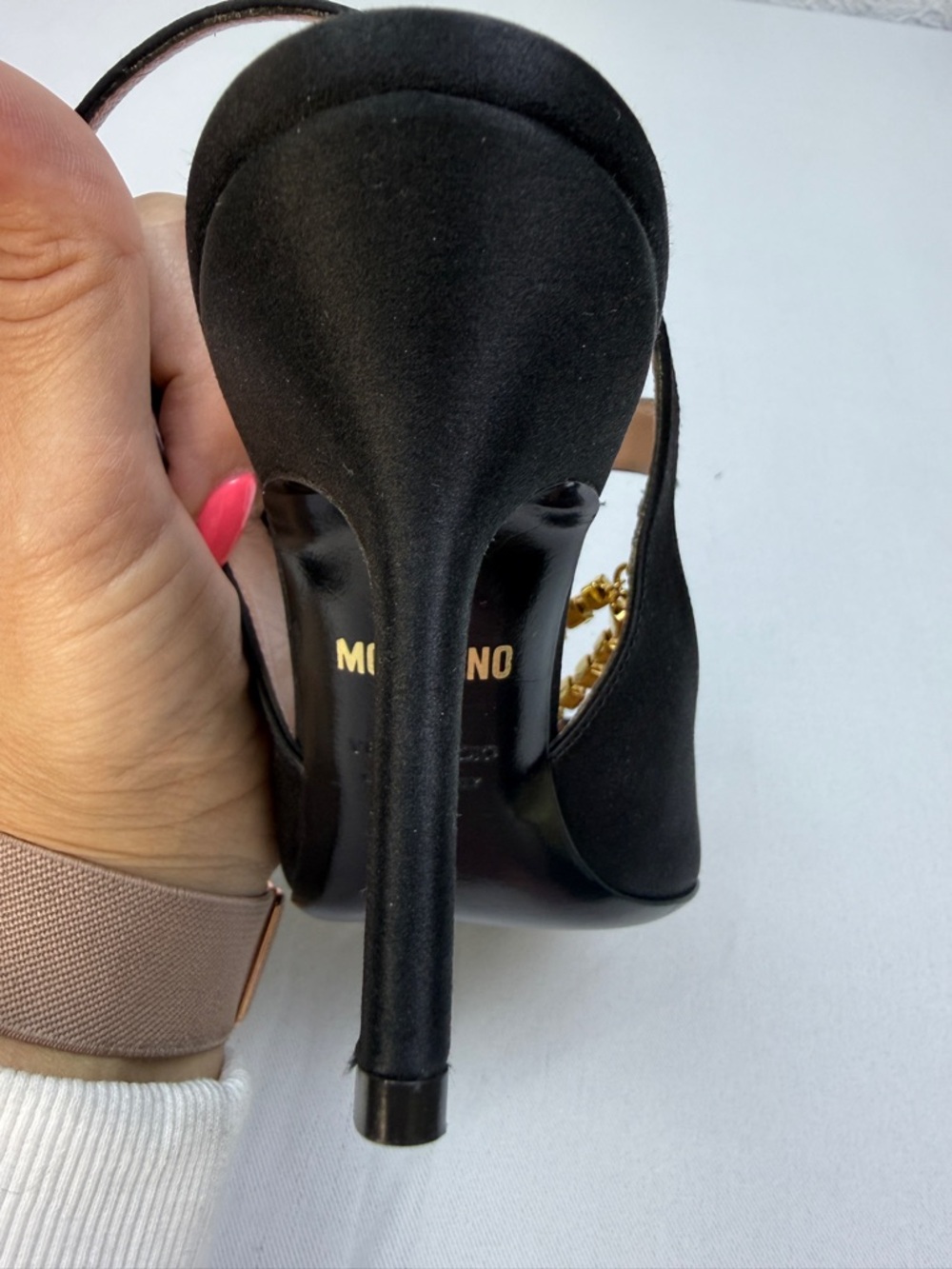 Moschino Crystal Chain Slingback Pumps Black Silk Satin Heels EU 35 NWO Box - Picture 9 of 13